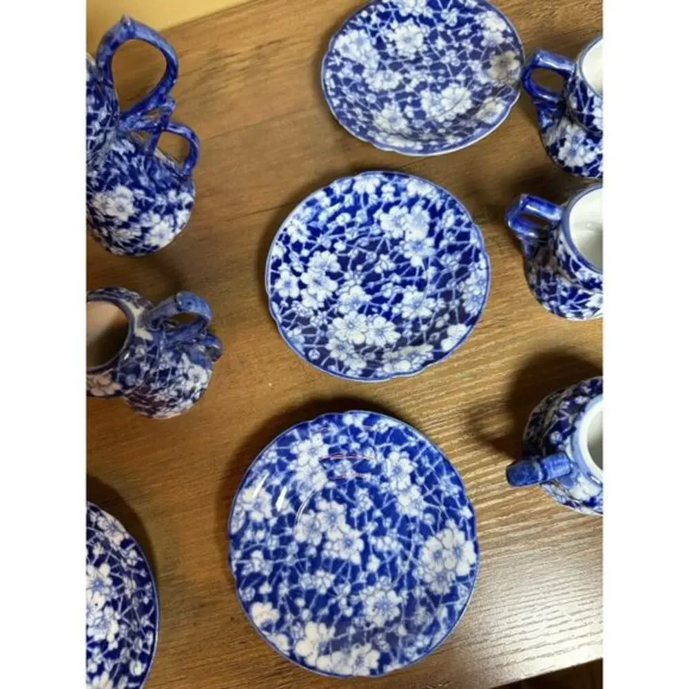 Victoria Ware Stoneware Small‎ Tea Cups Saucers Sugar Creamer Cobalt Flue Floral